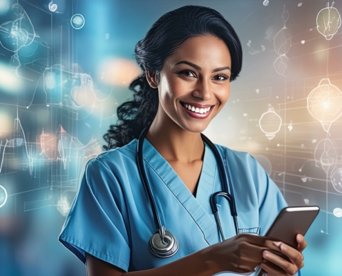 A photo depicting the positive impact of technology on healthcare workers well-being