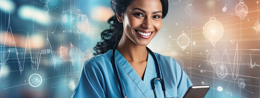 A photo depicting the positive impact of technology on healthcare workers well-being
