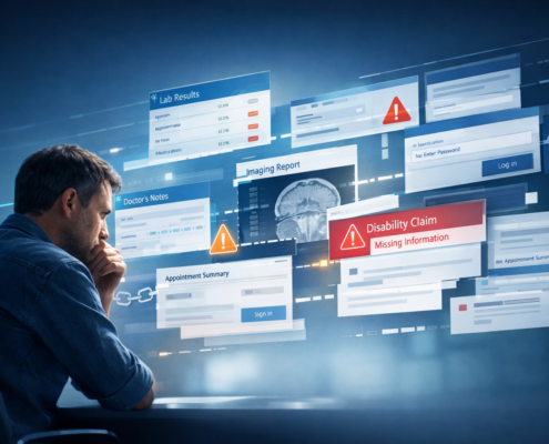 Man looking at fragmented medical record screens.