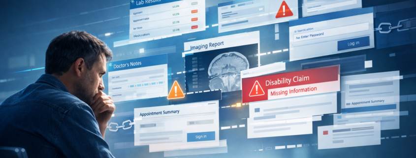 Man looking at fragmented medical record screens.